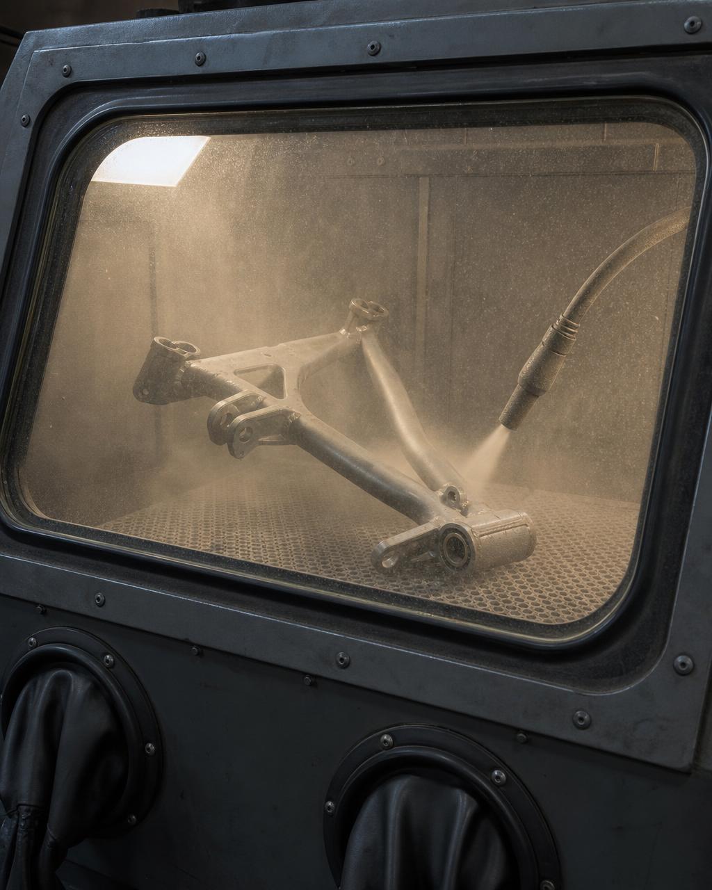 Automotive control arm being sandblasted inside a dry sandblast cabinet